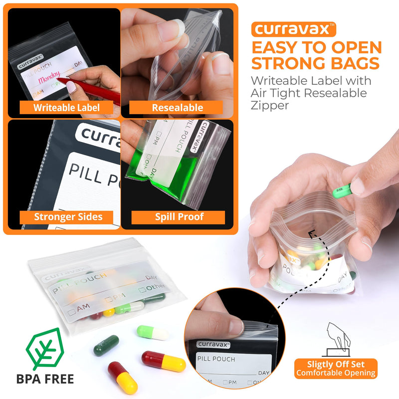 Pill Bags for Travel Pill Pouch Organizer Pack of 400 BPA Free 3 x 2.75 inch Pill Pouches for Medicine Reusable with Write on Label & Waterproof Zipper Seal AM PM Pill Baggies for Vitamins by CURRAVAX