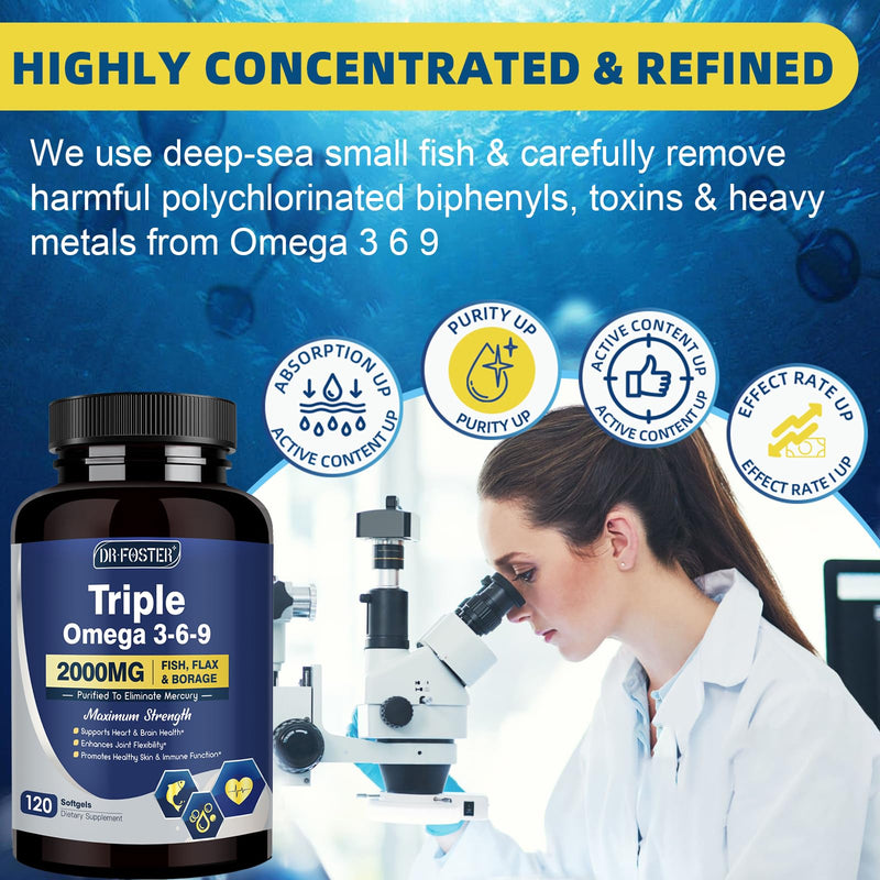 [Australia] - Triple Omega 3-6-9 Fish Oil 2000mg with Vitamin E - EPA & DHA Fatty Acids Supplement - Supports Heart, Brain, Eye, Skin & Immune Health - Includes Flaxseed & Borage, Non-GMO, 120 Softgels 