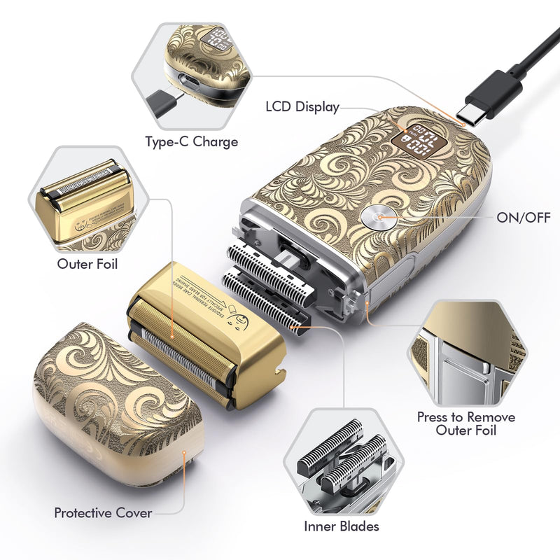 [Australia] - Bestauty Electric Razor for Men, Travel Foil Shaver with Enhanced Triple Head [Ultra-Close Shave], Wet & Dry Beard Shaver, Rechargeable and Cordless Bald Head Shaver, Gifts for Men Father's Day Gift Gold 
