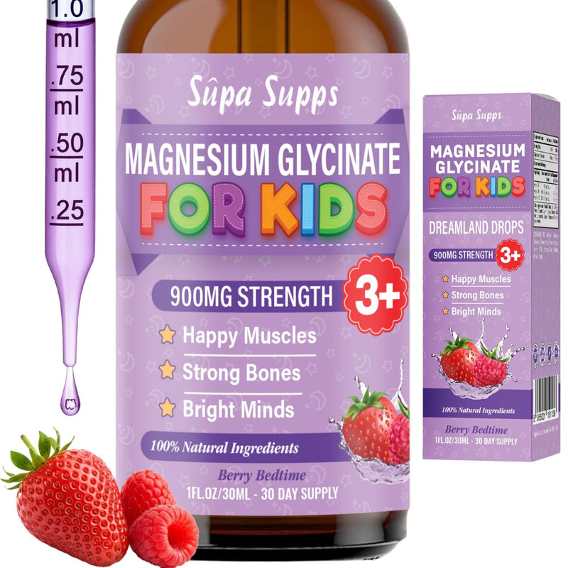Kids Magnesium Glycinate 30ml - Berry Bedtime | Supa Supps Liquid Magnesium Glycinate 3-in-1 Drops Support Relaxation, Calm, Balanced Energy, Focus & Growth | Easy Daily Supplement 1 Months Supply Strawberry & Raspberry 30 ml (Pack of 1)