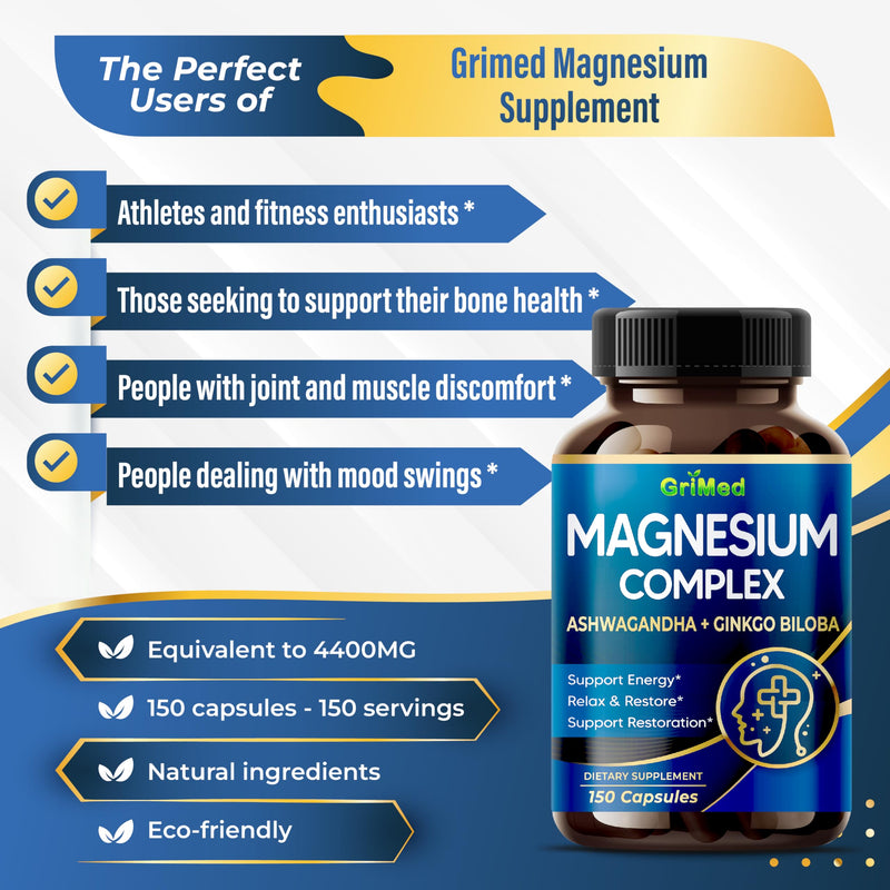 [Australia] - Magnesium Complex 8,600mg - x8 Power with Ashwagandha + Ginkgo Biloba - Relax & Restore, Restful Sleep - USA Made & Tested (150 Count (Pack of 1)) 150 Count (Pack of 1) 