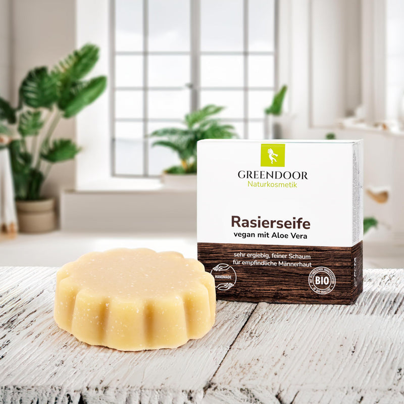 [Australia] - GREENDOOR VEGAN Shaving Soap Aloe Vera 80g, creamy, durable foam, optimal shaving, natural cosmetics with organic shea butter for men and women, soap with extra care, men 