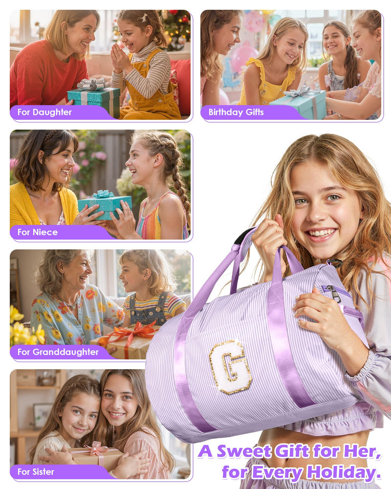 Birthday Gifts for 9 Years Old Girl, Girls Travel Duffle Bag, Gift | Teen Girl Gifts, Dance Bag for Girls, Kids Overnight Bags with Shoe Compartment & Makeup Pouch, Initial Gym Bag (Letter A) Purple