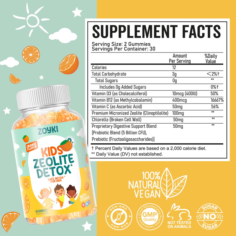 Zeolite Detox Gummies for Kids - Cleanse Out Toxins | Micronized Zeolite Chewable Body Support Supplement with Chlorella Vitamin D3 B12 C - Orange Flavor Vegan Non-GMO Gluten-Free
