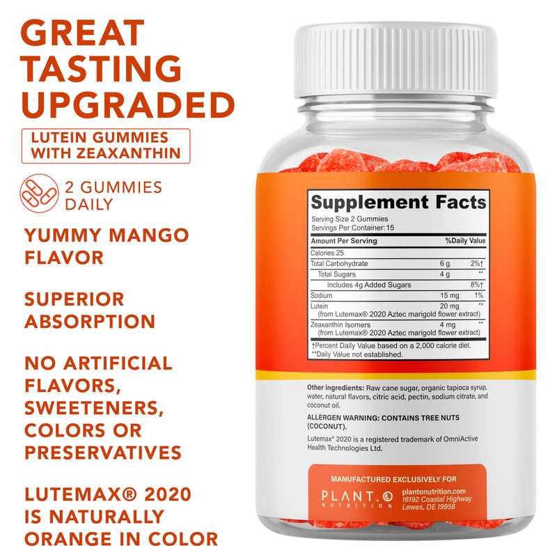 PLANT.O NUTRITION Lutein & Zeaxanthin Gummies - Delicious Vegan Eye Health Vitamins Clinically Studied 20mg Lutein and Zeaxanthin for Vision Clarity Dry Eye Relief and Blue Light Support (Pack of 2) 30 Count (Pack of 2)