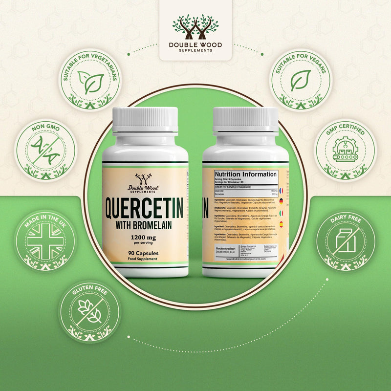Double Wood Quercetin 1000mg with Bromelain 200mg – 90 Vegan Capsules (30 Day Supply) – Immune Support, Antioxidant, Respiratory, Mucus & Allergy Relief – Non-GMO, UK Made 90 count (Pack of 1)