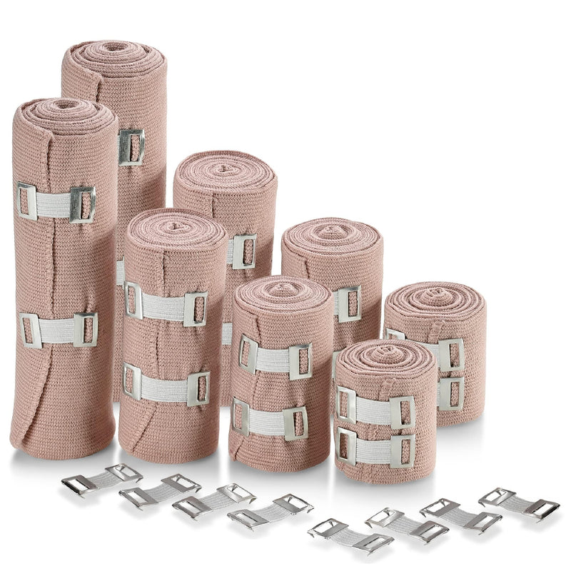 MEDca Elastic Compression Bandage Wrap - First Aid Bandages Roll Measures 2", 3", 4", 6" x 5 Ft with 4 Extra Hooks - Athletic Sports Stretch Wraps for Ankle, Wrist, Arm & Leg Sprains (Pack of 8) 2, 3, 4, 6 Inch (2 Each)