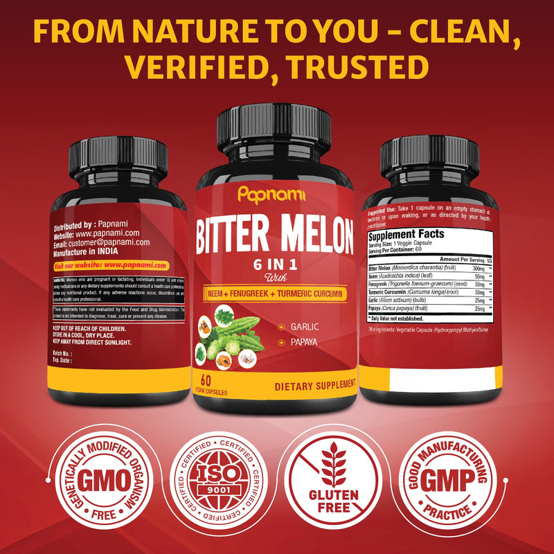 [Australia] - Organic Bitter Melon Extract Capsules - 60 Pills 2 Month - Combined Neem, Fenugreek, Curcumin, Garlic & Papaya 60 Count (Pack of 1) 