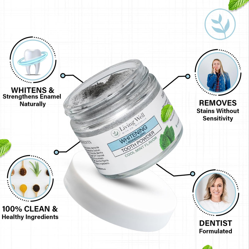 Living Well Dr. Michelle Remineralizing & Whitening Tooth Powder, Cool Mint | Fluoride-Free Hydroxyapatite Formula, Enamel Strength Support and Whitening Whitening - Cool Mint