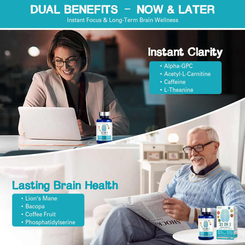 Brain Supplements for Memory and Focus, 21-in-1 Brain Supplement for Mental Alertness, Cognitive with 300mg Alpha-GPC, 300mg Lion’s Mane, L-Theanine, Phosphatidylserine, Vitamins B6 B12, 90 Capsules 90 Count (Pack of 1) Blue