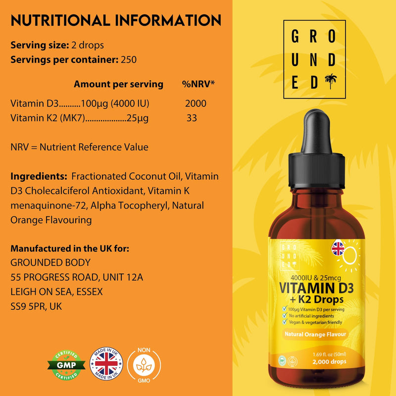 Grounded Vitamin D3 + K2 Liquid Drops 50ml | High Strength 4,000iu D3 with 25mcg K2 Formula | Natural Orange Flavour with 2000 Drops per Bottle | for Bones, Muscle & Immune Function | UK Made