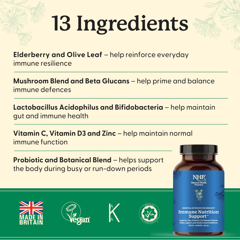 NHP Advanced Immune Support Supplement 60 Vegan Capsules – Elderberry Mushroom Complex with Probiotics Vitamin D3 Zinc & Beta Glucans for Daily Defence Gut Health Energy & Wellness