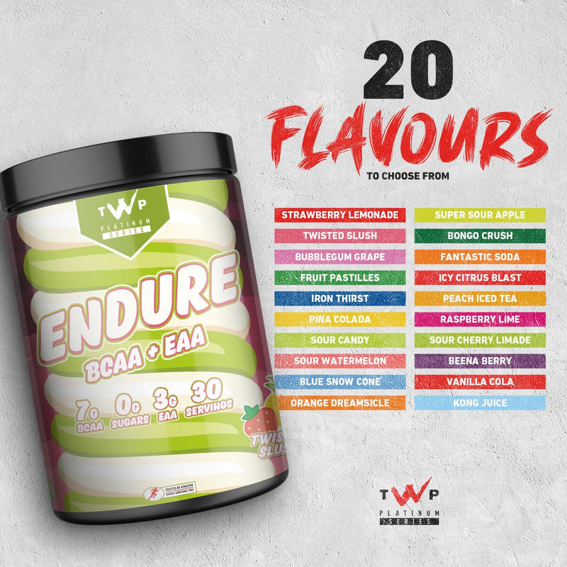 TWP Nutrition Platinum Series Endure, EAAs & BCAAs Electrolyte Blend Pre, Intra and Post Workout, Zero Sugar, 510g and 30 Servings, 20 Great Flavours (Twisted Slush) Twisted Slush