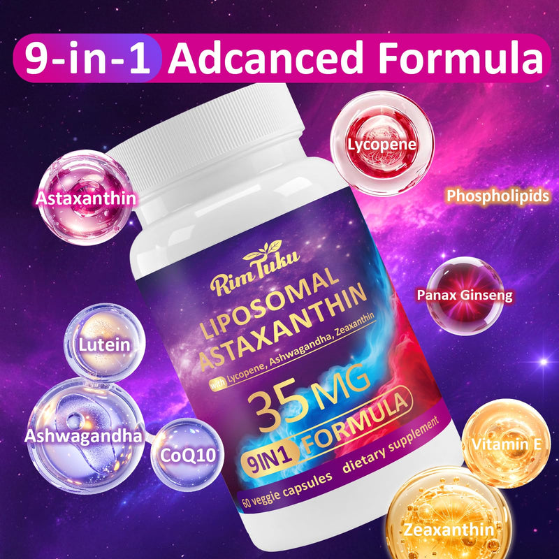 [Australia] - Liposomal Astaxanthin Supplement Complex 9-in-1 with Ashwagandha, Lycopene, Zeaxanthin, Antioxidant Supplement Support Eye, Skin & Joint Health, 60 Capsules 