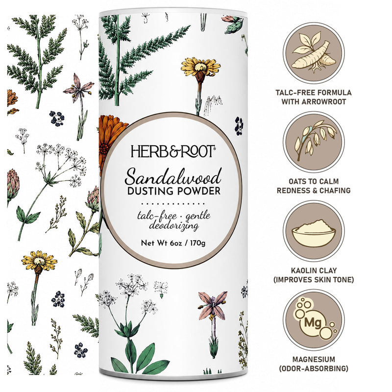 Sandalwood Talc-Free Dusting Powder with Arrowroot, Oats, Zinc & Magnesium - Body & Foot Powder for Women, Chafing & Deodorizing (Sandalwood) Sandalwood 6 Ounce (Pack of 1)