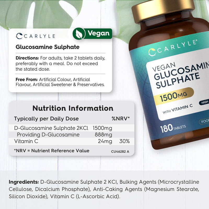 Vegan Glucosamine Sulphate 2KCl 1500mg | with 24mg Vitamin C | 180 High Strength Tablets | Glucosamine 2KCl Supplement | By Carlyle