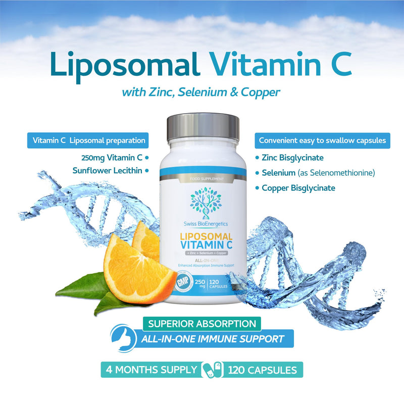 Liposomal Vitamin C Complex with Zinc, Selenium and Copper : All-in-ONE Enhanced Absorption Immune Support : 250mg, 120 Vegan Capsules (4 Month Supply) : Non-GMO, Made in UK