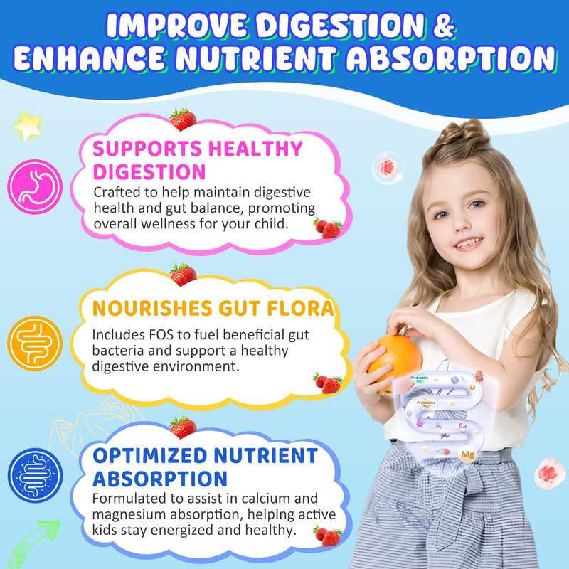 [Australia] - Kids Calcium Gummies + D3 & Magnesium for 4+, with Calcium Citrate Calcium Gluconate, Calcium Lactate, Probiotics & Prebiotics for Children Bone Health,Muscle Support,Digestive Health,Sugar Free 60Cts 60 Count (Pack of 1) 