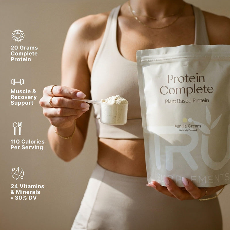 TRU Supplements Plant Based Protein Powder, BCAA, EAA, 20g Vegan Brown Rice & Pea Protein, 100 Calories, 27 Vitamins, No Artificial Flavors 25 Servings (Vanilla Cream) Vanilla