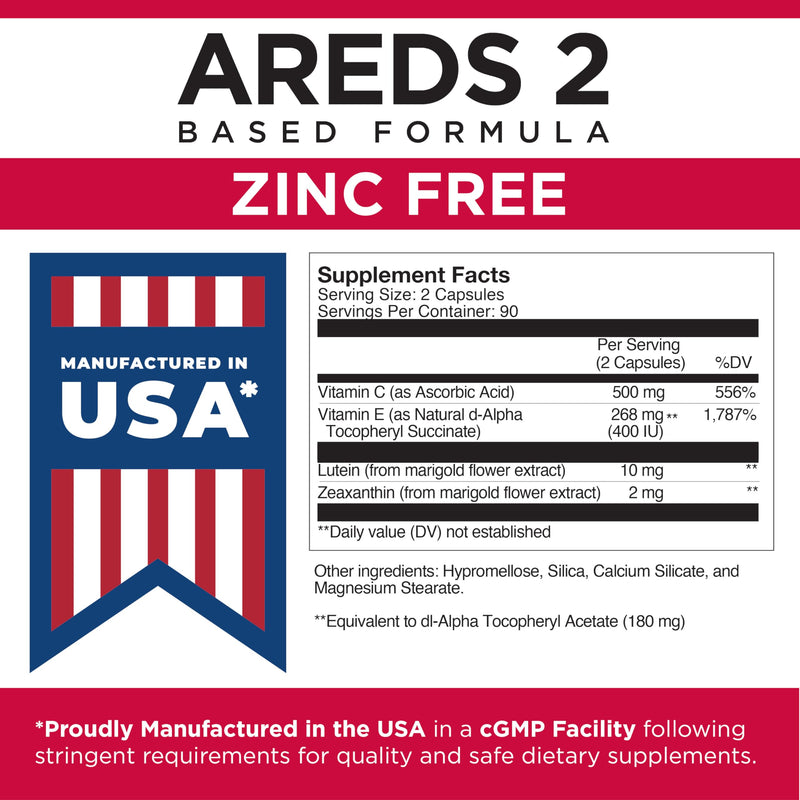Viteyes AREDS 2 Zinc Free Macular Support, Natural Allergen Free Capsules with Vitamin E, Vitamin C, Lutein & Zeaxanthin, No Zinc, No Copper, Eye Doctor Trusted, Manufactured in the USA, 180 Ct 180 Count (Pack of 1)