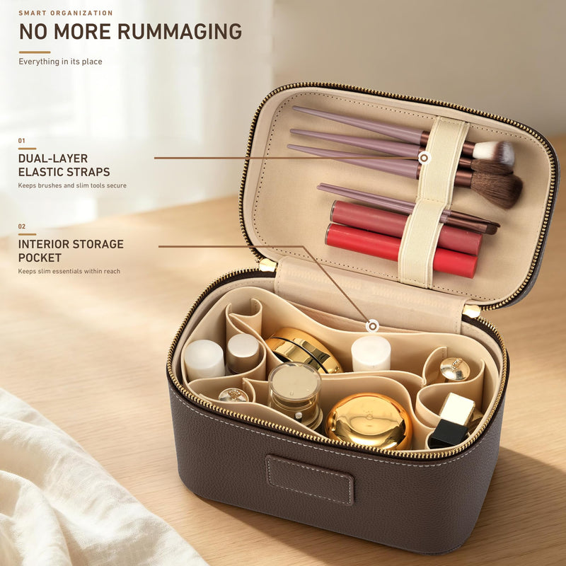 Makeup Bag Travel Toiletry Leather Cosmetic Case, Waterproof Makeup Organizer with Brush Holder, Wipe Clean Removable Divider Vanity Train Bag for Women, Coffe