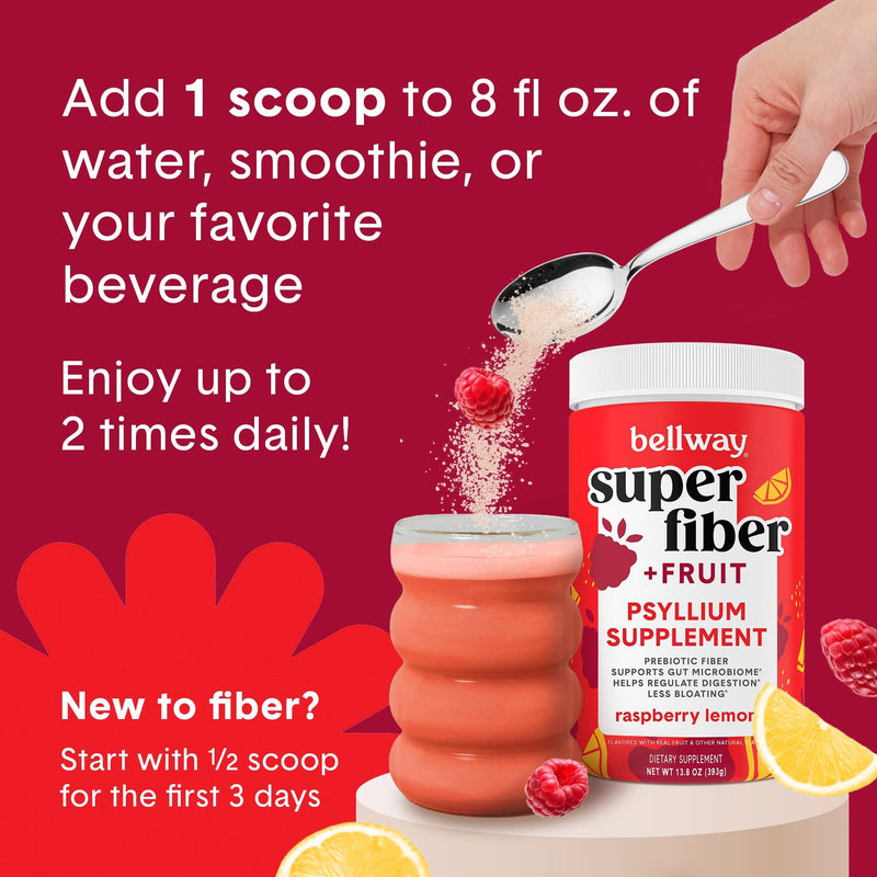 [Australia] - Bellway Super Fiber Powder + Fruit, Sugar Free Organic Psyllium Husk Powder Fiber Supplement for Regularity, Bloating Relief & Digestive Health, Plant-Based, Raspberry Lemon (50 Servings) 
