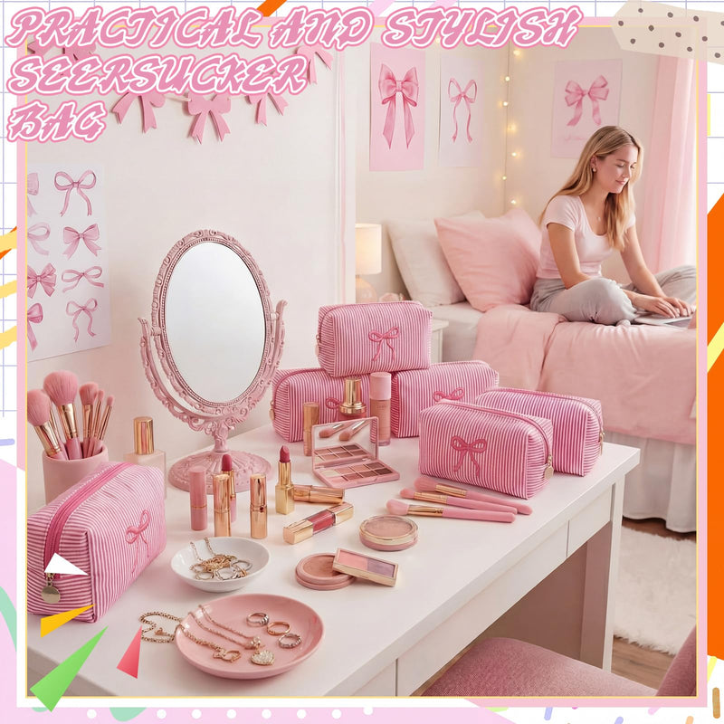 12 Pcs Pink Bow Seersucker Cosmetic Bags Bulk Seersucker Makeup Bags Stripe Women Pouch Large Preppy Storage Pouch Toiletry Travel Organizer for Party Favor 12