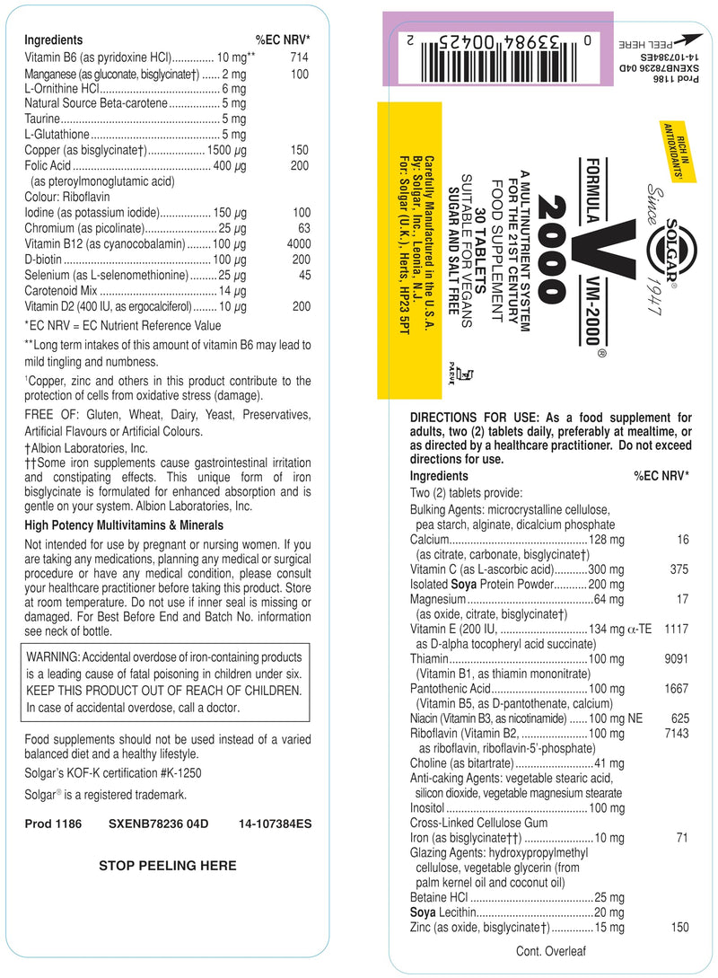 Solgar Formula VM-2000, 30 Tablets - - Multivitamin - Daily Wellbeing and Immunity - Rich in Antioxidants - Vegan, Gluten Free and Kosher Formula VM2000 | Multivitamin 30 count (Pack of 1)