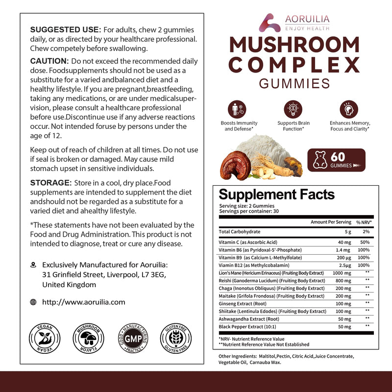 12-in-1 Mushroom Gummies with Lion's Mane, Reishi, Chaga, Maitake, Ginseng, Shiitake for Focus, Immunity & Mood, Vegan Mushroom Complex Supplement with Ashwagandha and Black Pepper- 60 Gummies 60 count (Pack of 1)
