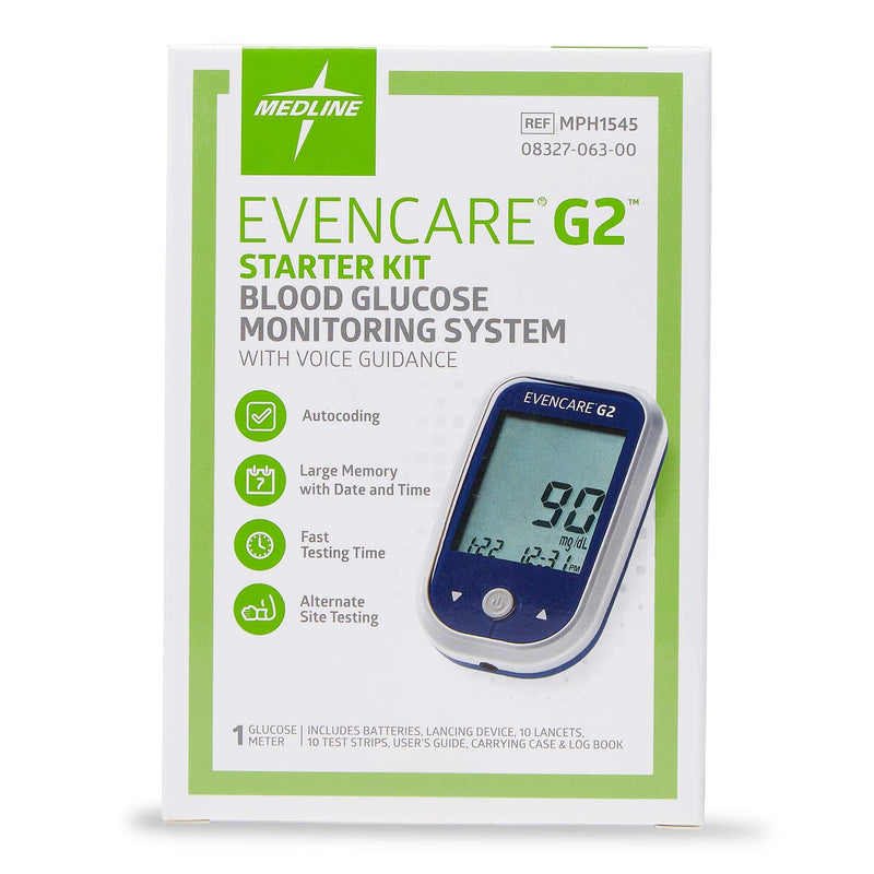 [Australia] - Medline EvenCare G2 Blood Glucose Monitor Starter Kit, Diabetic Care, 6 Sec Results, General Purpose Lancing Device & Lancets, Test Strips, Batteries, Guide, Carrying Case, Logbook, Voice Guidance 