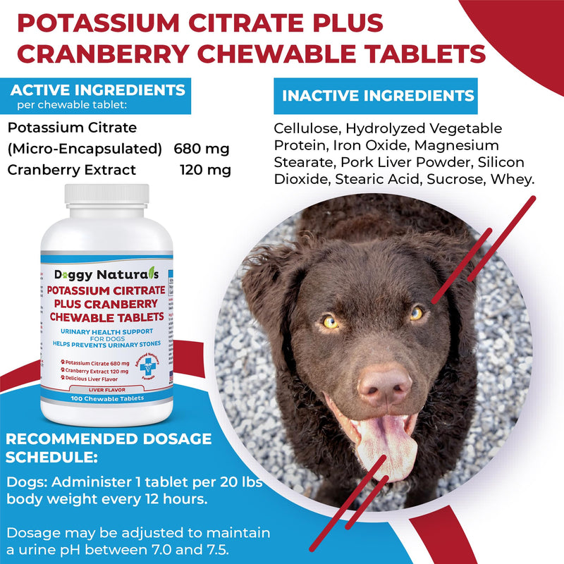 Potassium Citrate Plus Cranberry Supplement for Dogs (100 Tablets) - Urinary Tract Support-Helps Deter Formation of Calcium Oxalate Stones - Deters Bladder & Kidney Stones (Made in U.S.A) - PawsPlanet Australia