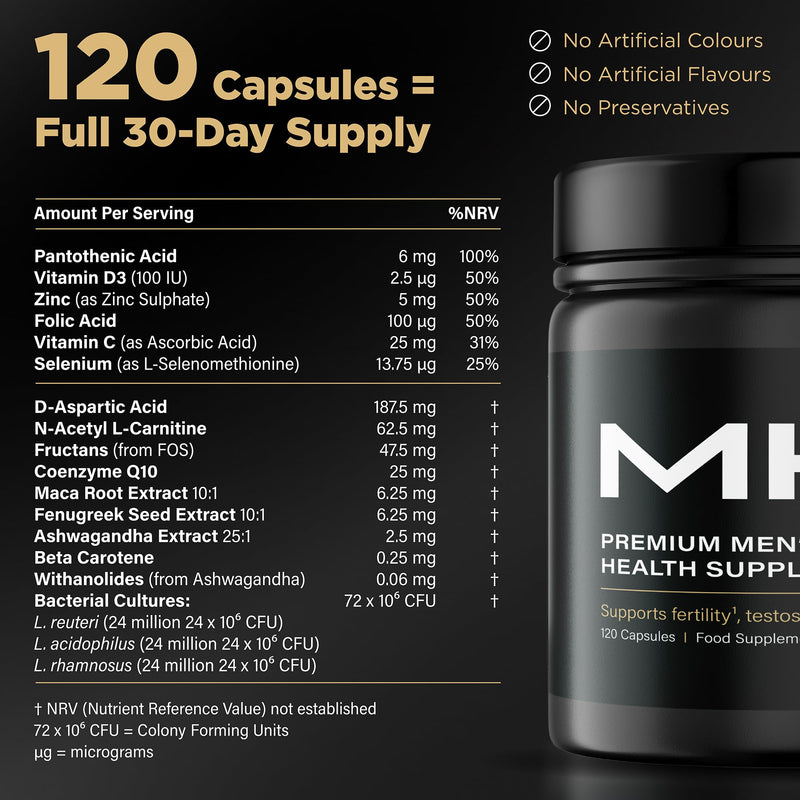 Male Fertility & Conception Supplement with Probiotic | Ashwagandha, Zinc, D-Aspartic Acid, Maca & L Reuteri | Testosterone Support | 120 Vegan Capsules | 30 Day Supply | Made in The UK | Lab Tested