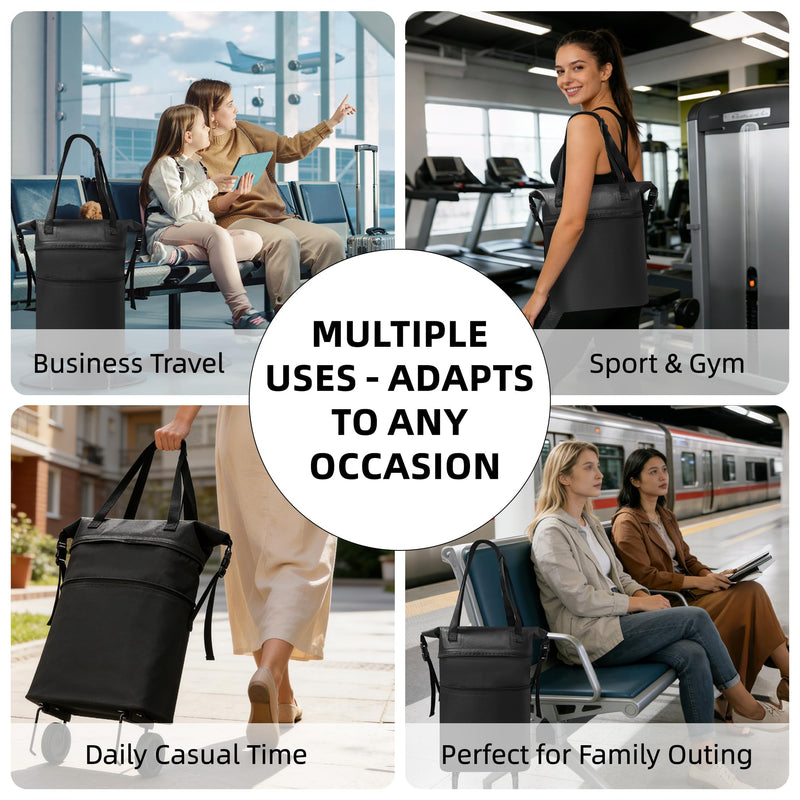 Rolling Duffle Bag with Wheels, Expandable Travel Duffle, Foldable Water-Resistant Shoulder Bag for Men & Women, Lightweight Portable Small Travel Bag for Trips, Camping, Shopping (Black) Black