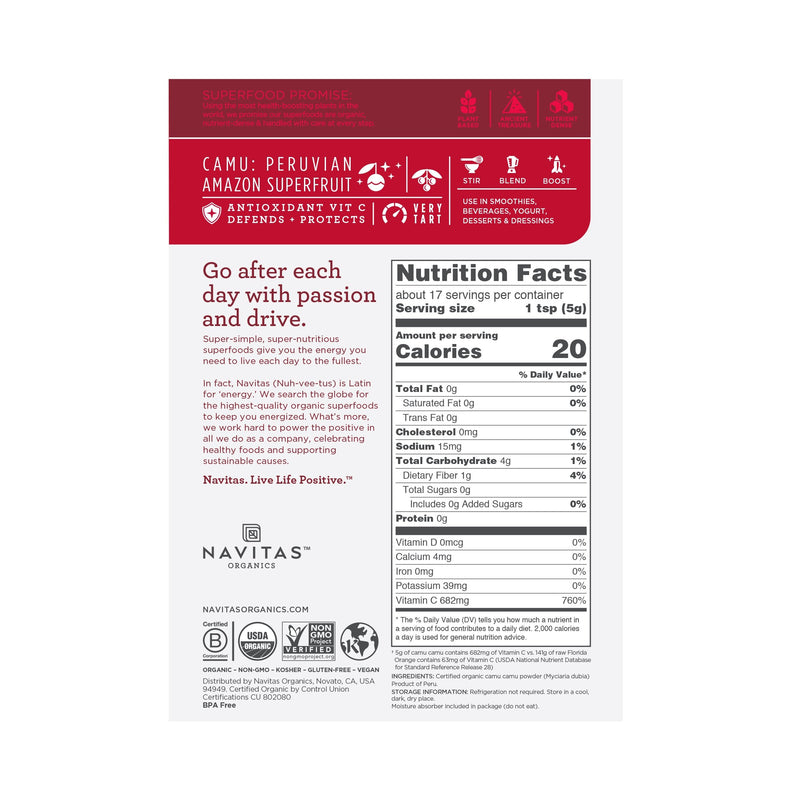 Navitas Organics Camu Camu Powder, 3 oz. Bag, 17 Servings — Organic, Non-GMO, Gluten-Free