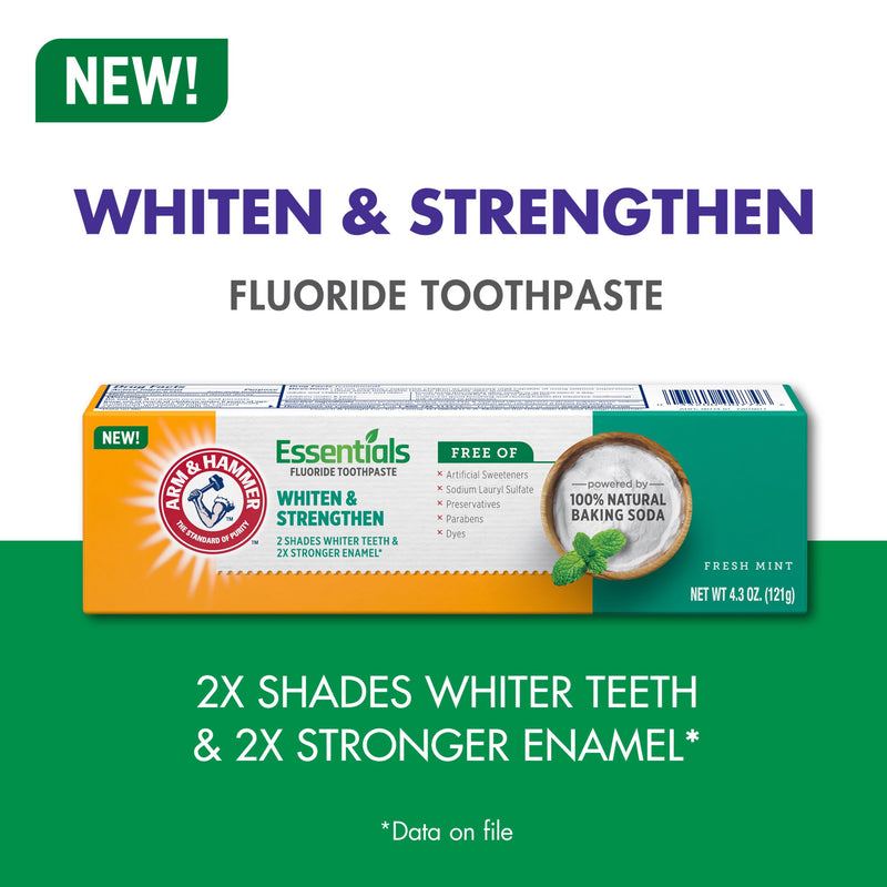 [Australia] - ARM & HAMMER Essentials Whiten & Strengthen Fluoride Toothpaste-4 Pack of 4.3oz Tubes, Fresh Mint- 100% Natural Baking Soda- Fluoride Toothpaste 