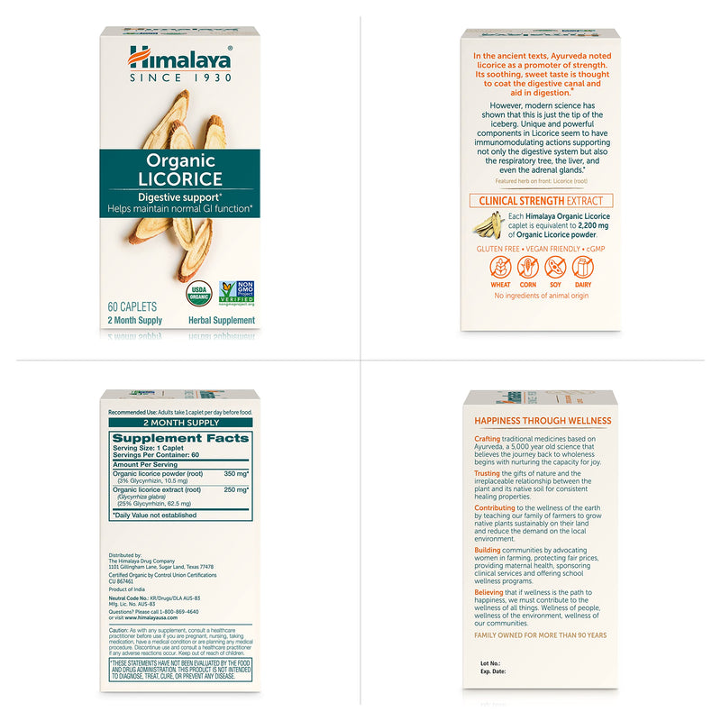 [Australia] - Himalaya Organic Licorice Root Herbal Supplement, Non-DGL, Occasional Heartburn and Indigestion Relief, Upset Stomach Relief, Digestive Support, Non-GMO, USDA Organic, Vegan, 60 Plant-Based Caplets 60 Count (Pack of 1) 
