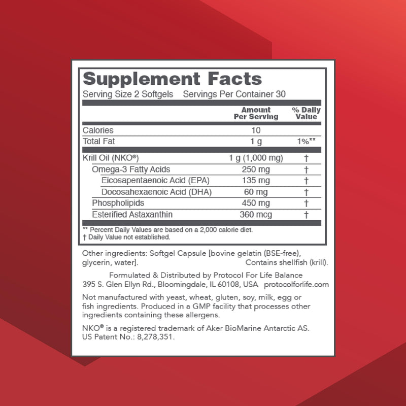 [Australia] - Protocol Krill Oil 500mg - Krill Oil Supplement - DHA & EPA - with Astaxanthin - Supports Heart, Brain, Joints* - Non-GMO & Halal - 60 Softgels 