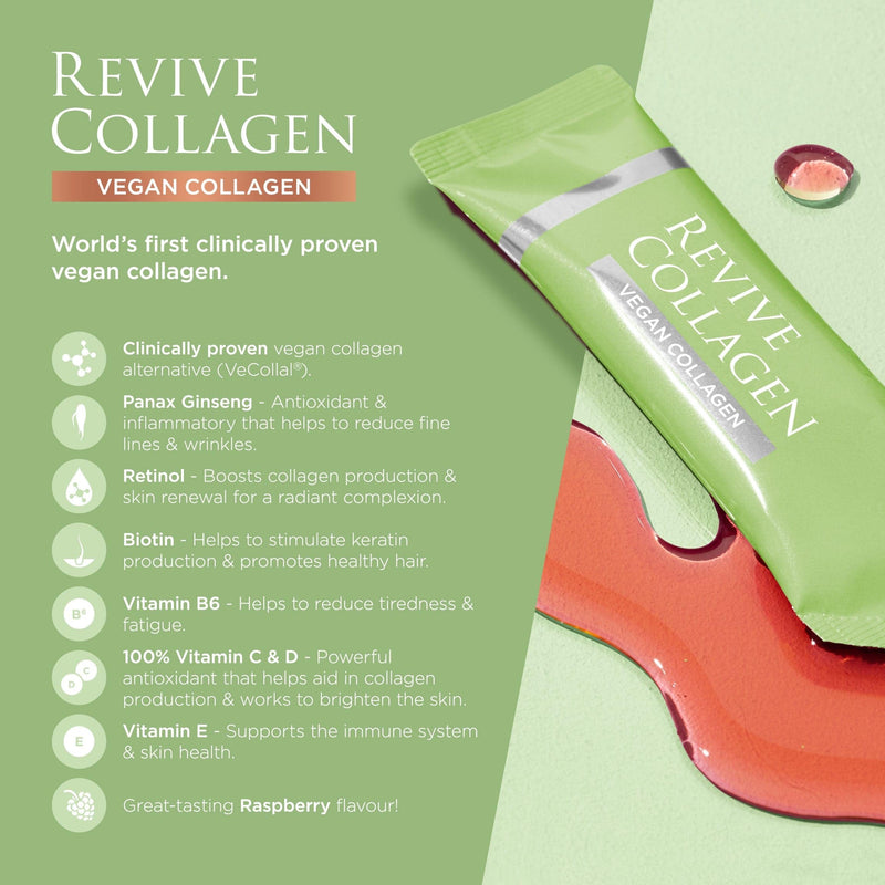 Revive Collagen 2500mg Plant Based Vegan Collagen with Added Vitamin B, C, D & E, Improved Skin, Hair & Nails | Raspberry Flavour | 14 Days 14 X Days