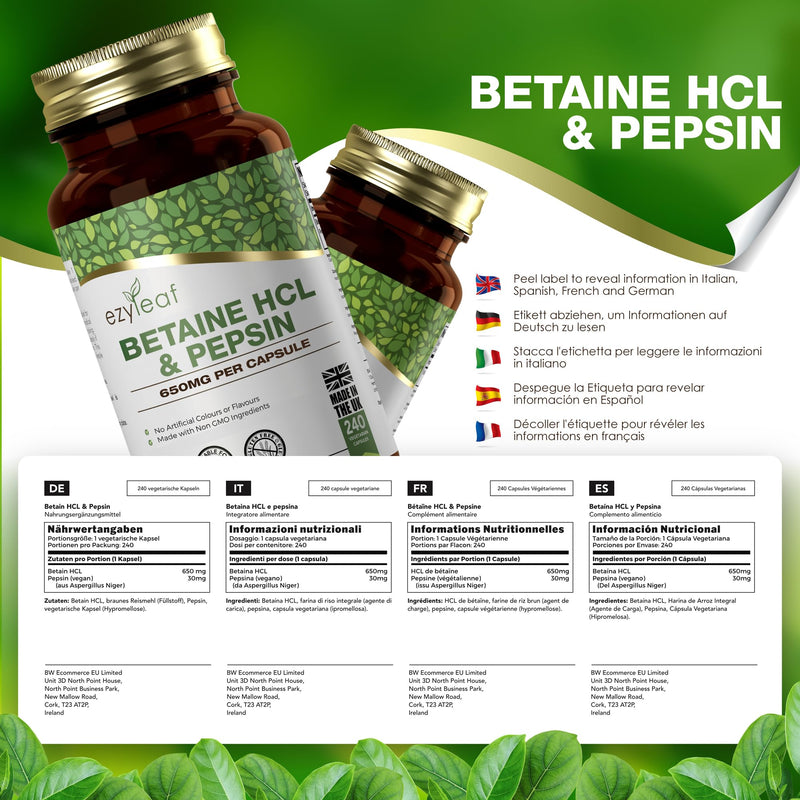 Ezyleaf Betaine HCL with Pepsin 650mg | 240 Vegan Capsules | Betaine Hydrochloride with Pepsin | Digestive Enzyme Supplements | No Artificial Ingredients | ISO Certified, Gluten Free Non-GMO 240 count (Pack of 1)