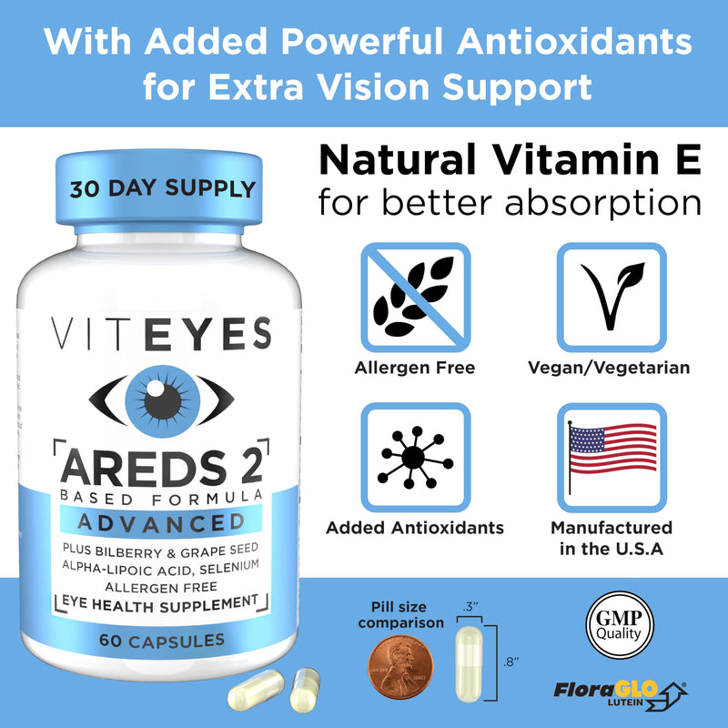 Viteyes AREDS 2 Advanced Macular Support with Bilberry, grapeseed, FLORAGLO Lutein, Selenium, Natural Vitamin E, Allergen Free, Eye Vitamins for Vision Protection, 60 Count 60 Count (Pack of 1)