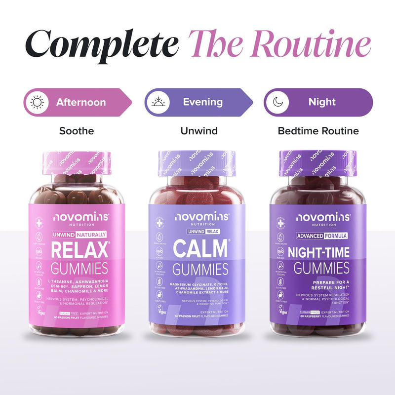 Relax Gummies – Ashwagandha KSM-66, L-Theanine, Saffron Supplement, Lemon Balm, Chamomile, B6 & B12 – Supports Relaxation, Psychological & Hormonal Function – Vegan, Halal – 60 Count – Novomins