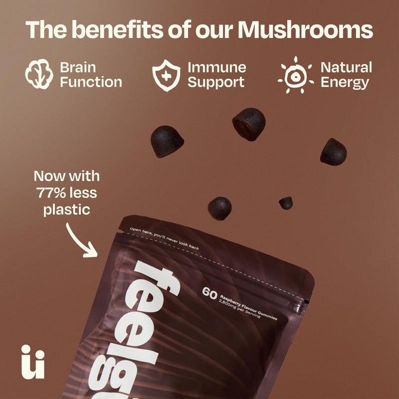 Mushroom Gummies with Lion's Mane, Chaga, Cordyceps & Reishi, 2,800mg 4-in-1 Blend with B12 & B6, 60 Raspberry Flavour Gummies, Supporting Brain Function, Sleep, Immunity & Natural Energy