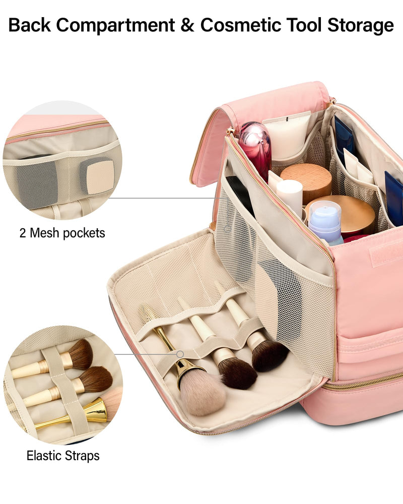Hanke Travel Toiletry Bag, Lightweight Wide-open Makeup Bag, Dual-Layer Travel Bag for Toiletries Water-Resistant Cosmetic Bags Large Toiletry Bags for Women & Men, Travel Essentials, Pink