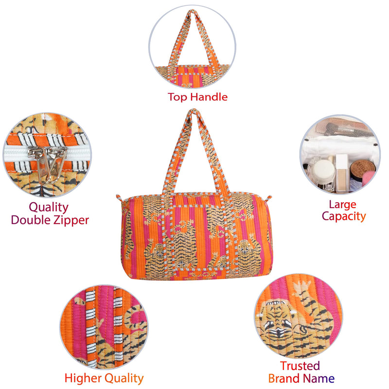 LKGSM Handmade Cotton Quilted Weekender Bag, Floral Indian Print Duffle, Bohemian Overnight Travel Tote for Women, Large Carry-on Luggage, Floral Gym Bag (A) A