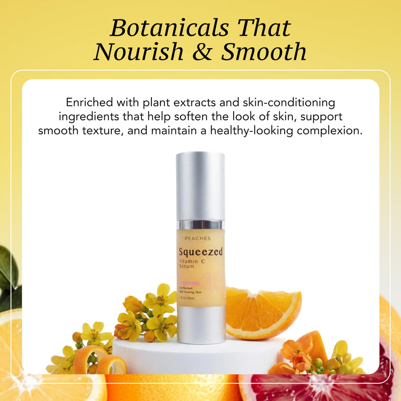 Peaches Skin Care Vitamin C Serum with Kakadu Plum and CoQ10, 1 fl oz | Lightweight hydrating serum with vitamin C, Kakadu plum, gold and CoQ10 for a smooth, radiant-looking complexion.