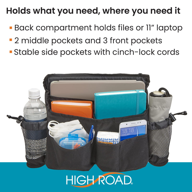 [Australia] - High Road Mobility Scooter Bag, Walker Caddy and Wheelchair Storage Bag - 8-Pocket Mobility Organizer with Bottle and Cup Holder for Wheelchairs, Walkers and Scooters Black 