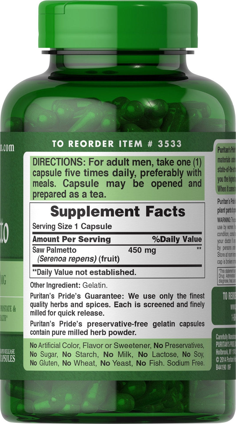 [Australia] - Puritan's Pride Saw Palmetto 450 Mg, Supports Prostate and Urinary Health, 200 Count 200 Count (Pack of 1) 