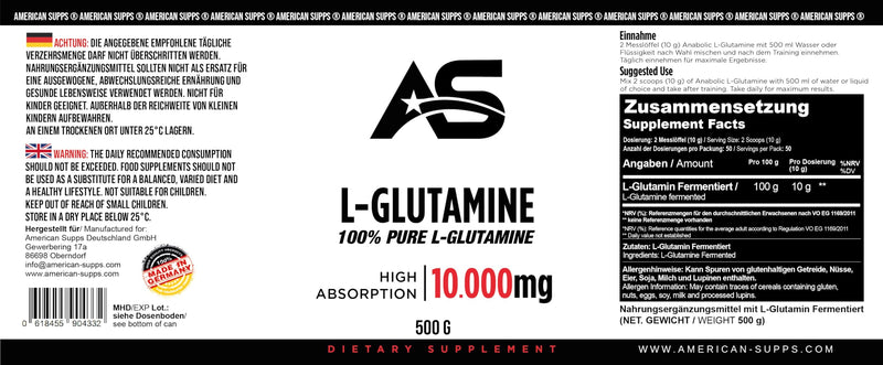 Premium Glutamine Powder [500g] - Pure - Tasteless + Additive-Free