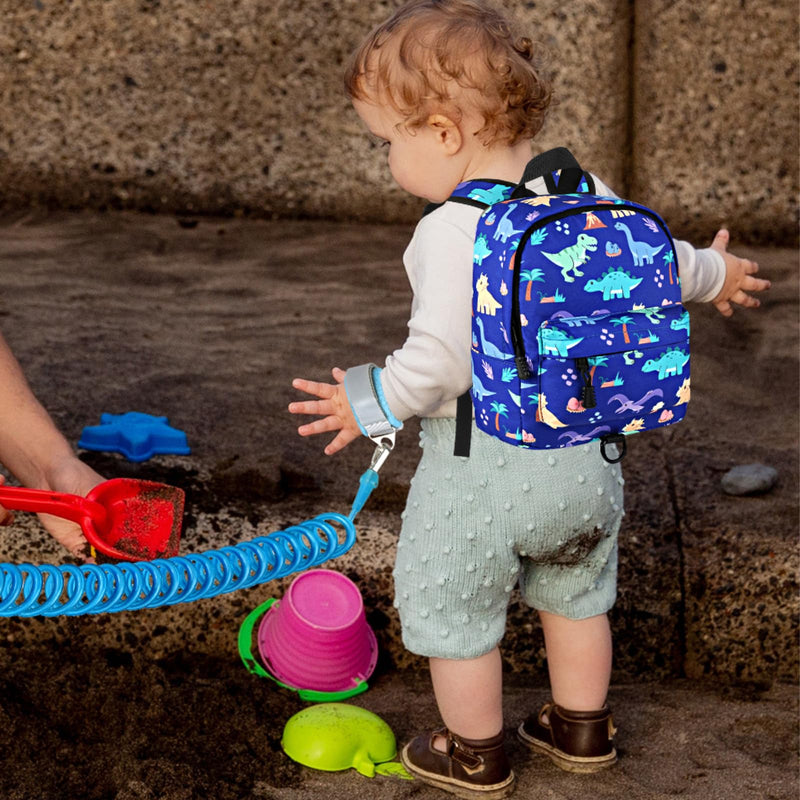 [Australia] - Accmor Toddler Backpack Leash, Cute Dinosaur Kids Backpack with Anti Lost Wrist Link, Mini Child Backpack Leash Walking Harness for Outdoor Travel, Adorable Backpack Tether for Baby Boys 1-3 Blue/Volcanic Dino, Blue Link 