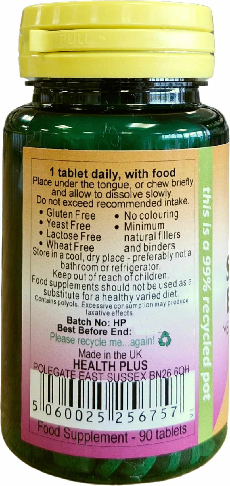 Health Plus Sublingual Vitamin B12 1000µg (Cyanocobalamin) : Vitamin B12 Supplement : 90 Tablets, in a Planet-Friendly 99% Recycled Pot